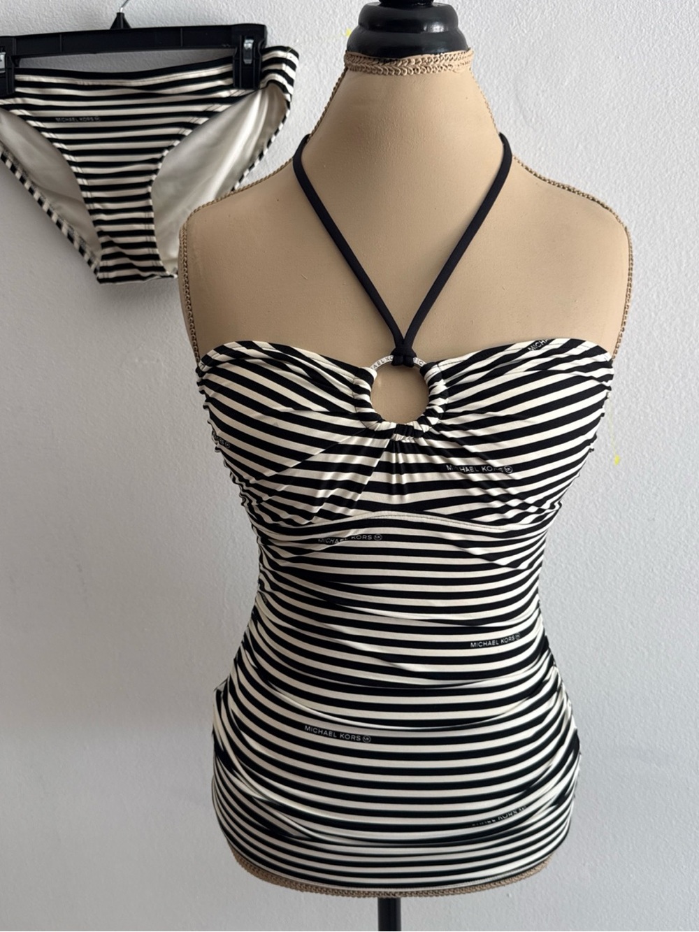Michael Kors Black and White Stripe Tankini Swim Set